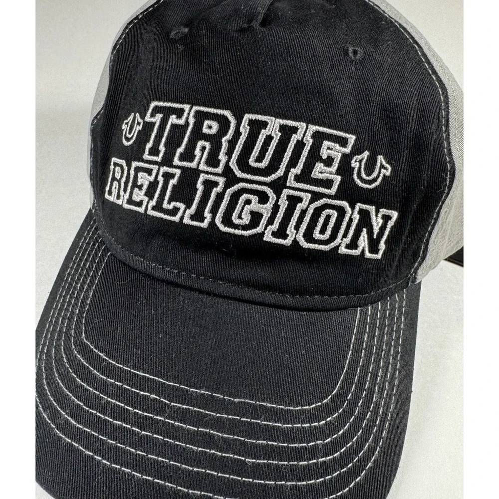 TRUE‎ RELIGION Embroidered Trucker Strapback Hat Cap Black Gray Men's *NEW* $59